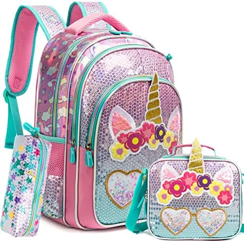 Meetbelify Unicorn Backpack for Girls 16 Backpacks for Girls for School Sequin Backpack com lancheira para garotas do ensino fundamental