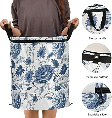 Blue Paisley Floral Pop Up Laundry Horty com tampa de cesta de armazenamento dobrável Bolsa de roupa dobrável para o quarto das