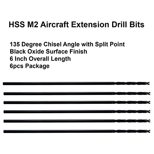 Maxtool 5/32 x6 6pcs Extensão de aeronaves idênticas Frills HSS M2 Extra Long Long Twist Bits hastes retas Totalmente moído preto;