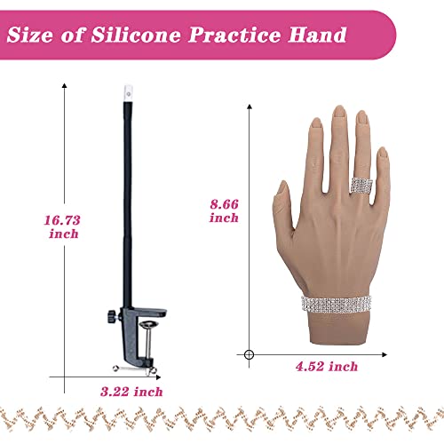 Prática de unhas Mãos para pregos de acrílico com suporte, treinamento realista de treinamento de silicone, mãos falsas flexíveis com dicas de pregos de 50 pcs, fáceis de usar e limpar