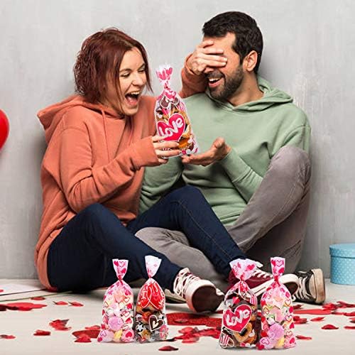 DIYASY Valentine Celofane Sacos de Celas, 150 PCs Tream Bacs de Coração e Amor Squas de Goodie Sacos com 180 laços de torção para a festa da festa do Dia dos Namorados favor