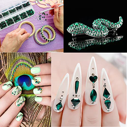Niceneeded 660pcs stromestos de unhas verdes com estojo, diamantes de arte de unha 3D Flatback, Rhombus de coração redondo jóias de unhas com pinças e caneta de pontapé de unhas para design de unhas de unhas