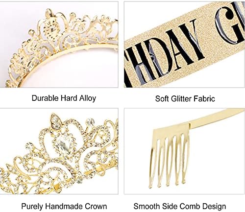 Aprince Birthday Crown & Birthday Girl Sash Conjunto, shinestone tiaras e coroas para mulheres meninas tiara de ouro