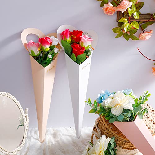 Teling 18 PCs Manga de flor única Love Heart Floral Bouquet Bacs Paper Flor Box Caixa de embalagem à prova d'água com fitas para presente de florista de flores, rosa, ouro rosa, branco, 7,1 x 18 polegadas