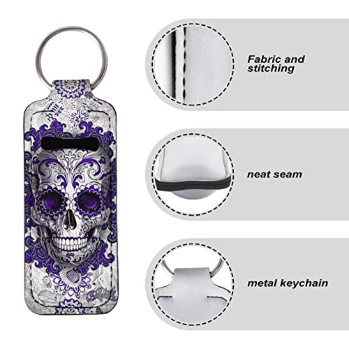 Biyejit Purple Sugar Skull Chapstick Holder Keychain CLIP-ON SLEVE CHAPSTICK Bolsa Skull Print Print Elastic Lipstick