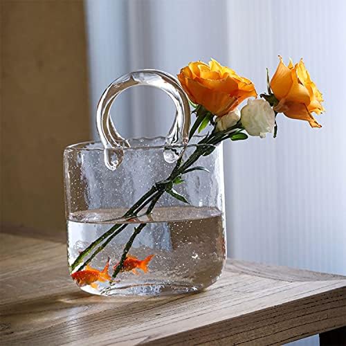 Vaso claro de vidro hewego com design de bolsa elegante, vasos de bolsa transparente com alça e bolhas dentro do vaso de flores, vaso de bolsa fofa, vaso de bolsa exclusiva para flores/decoração em casa