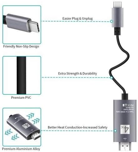 Cabo de ondas de caixa compatível com Master & Dynamic MW08 Sport - SmartDisplay Cable - USB tipo C para HDMI, Cabo USB C/HDMI para