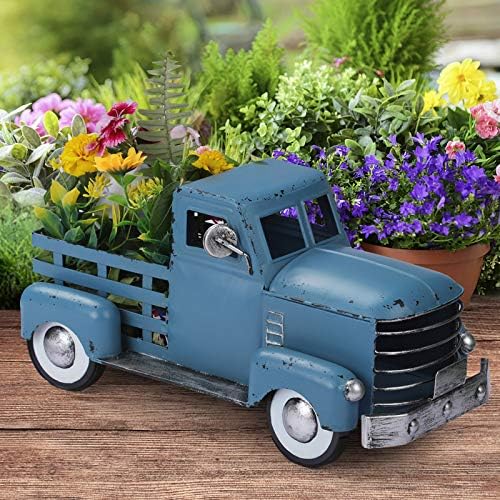 Decor de caminhão azul vintage do Giftchy, decoração de primavera de caminhão azul da fazenda, armazenamento decorativo de mesa e pick-up de metal plantador de caminhões de metal
