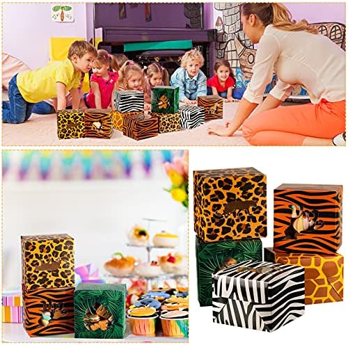 Pajean 24 peças Jungle Safari Zoo Caixas de tratamento de animais de cupcake caixas de festa com janela de PVC 3,9 x 3,9 x 3 polegadas