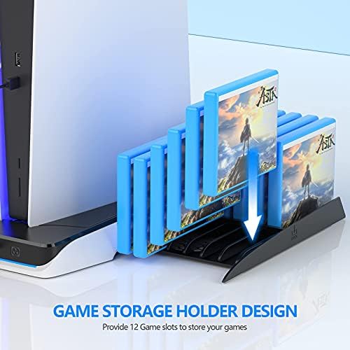Cybermix PS5 Stand vertical com ventiladores de resfriamento e estação de carregador de controladores dupla compatível com PlayStation 5 Disc e edições digitais, armazenamento de 12 jogos embutido, branco+preto