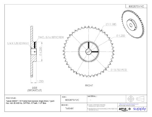 Tsubaki 60b45f-1d acabou a roda dentada, fita única, polegada, 60 ANSI No., pitch de 3/4 , 45 dentes, furo de 1-1/4