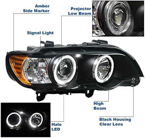 ZMAUTOPTS LED FARECTRAMES DE PROJECIDO HALO DE LEDO BLACK W/6.25 Blue DRL Compatível com 2000-2003 BMW x5 E53