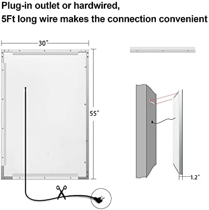 Espelho de Fralimk LED Mirror de 55x30 polegadas Espelhos de vaidade iluminados Espelhos de parede Montados de parede Espelho de parede iluminado dianteiro de grandes dimensões para pia dupla, anti-capa, 3 cor, sonda à prova de quebra, horizontal/vertical