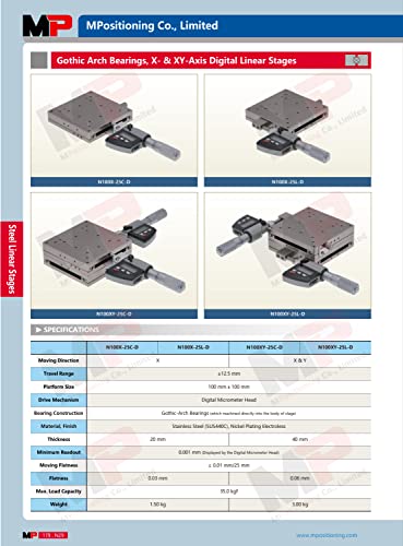 MPositioning N100X-25C-D estágio linear manual com micrômetro de leitura digital montado no centro e rolamentos