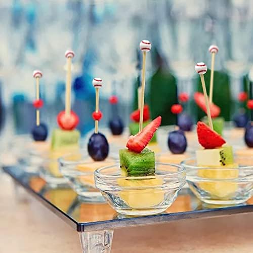 Honbay 100pcs decorativos esportes bola de bola picks de beisebol bambu frutas de dente de dente espetos de coquetel de madeira para aprimorar favores de festas esportivas de alimentos