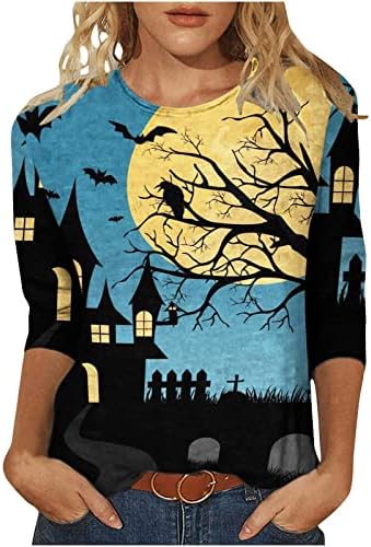Hoxine Halloween 3/4 de manga camiseta para mulheres Pullover casual Tops House House Tree Bat Graphic Sweatshirt Bloups