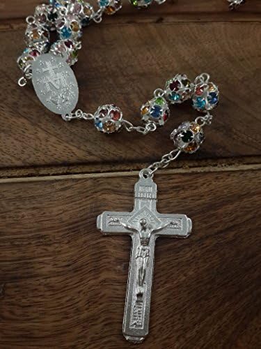 Nazareth Store Colorfol de contas de cristal de zircônia colorida colar católico prateado com medalha milagrosa crucifixo Rosários multicoloridos em bolsa de veludo