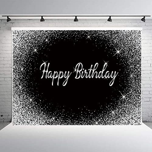 Black Feliz Aniversário Cenário Glitter Silver Photography Backgry Birthday Party Decoração Banche