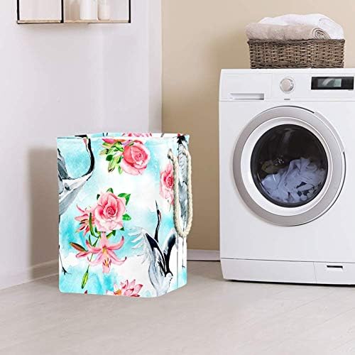 Indomer Aquarela com guindastes e flores rosa 300d Oxford PVC Roupas à prova d'água cesto de roupa grande para cobertores Toys de roupas no quarto