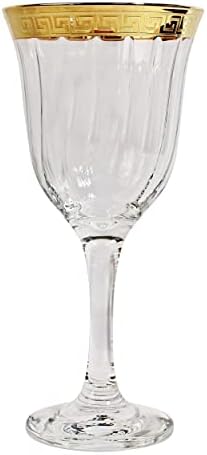 Presentes mundiais elegantes e modernos vidro feito de vidro para festas e eventos de hospedagem - 9 oz, garquetes de vinho branco, banda de ouro Greek Key, conjunto de 6