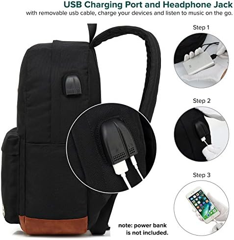 Backpack da faculdade clássica, mochila laptop resistente a água com USB Charging Port & Headphone Adapter for Men & Women Slim