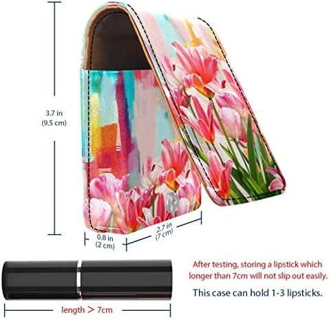 Mini maquiagem Oryuekan Saco de maquiagem com espelho, bolsa de embreagem Caixa de batom de couro, tulipa rosa floral de pintura