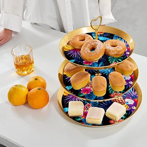 3 bolo de sobremesa de nível Stand Gold Cupcake Pastry Stand para festa de chá, casamento e aniversário, frutas tropicais folhas