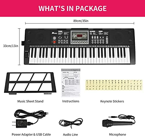 24HOCL 61 Piano de teclado elétrico premium para iniciantes com suporte, alto-falantes duplos embutidos, microfone, fone de
