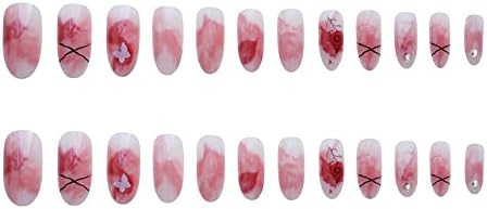 Asphire 24pcs amêndoa unhas falsas com design gradiente rosa Pressione na unha dicas de arte glitter coffin strass strô borboleta as unhas artificiais para mulheres