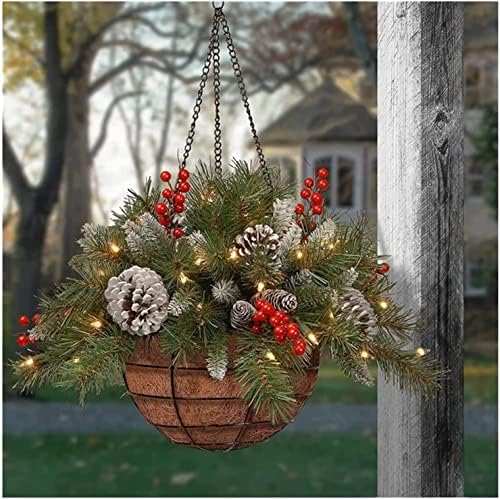 Jeekoudy Artificial Christmas Hanging Basket com luzes de cordas de ledes de Natal pendurado em cestas penduradas em cesto com pinheiros e bagas de 20 polegadas para cesta de Natal do pátio de jardim