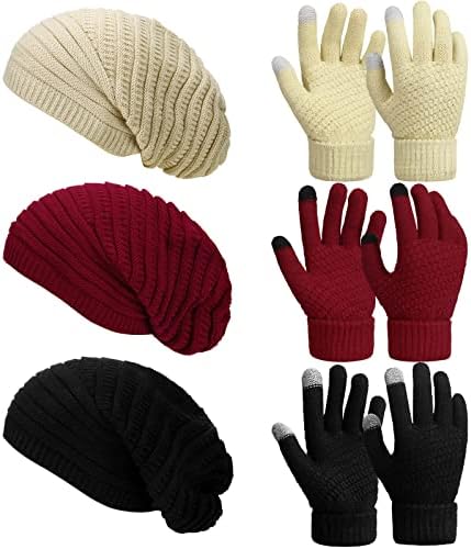 6 PCs Mulheres Winter Winter Slouchy Luvas Set Slouchy Beanie Chunky Chapéus para mulheres Caps de caveira e luvas de tela