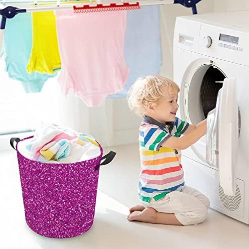 Cestas de lavanderia dobráveis ​​textura de glitter rosa cesto de roupa à prova d'água com alças Bling redonda para roupas sujas