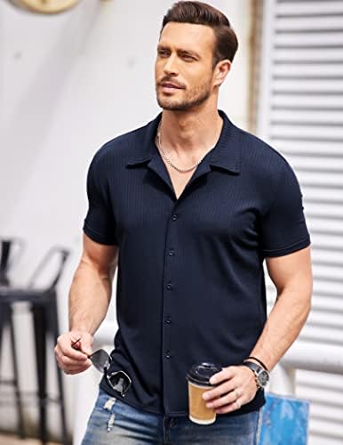 Coofandy masculino de botão para baixo camisetas de manga curta malha malha cubana camiseta slim fit casual sumum tops