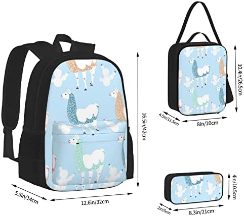 Padrão de desenho animado de lhama Conjunto de mochilas de três peças, bolsa de lancheira de backpack de bolso.