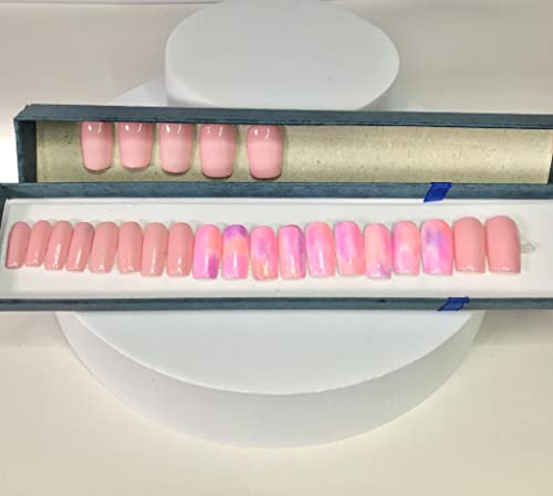 24 peças unhas falsas em forma clara e quadrada de mármore rosa presa nas unhas