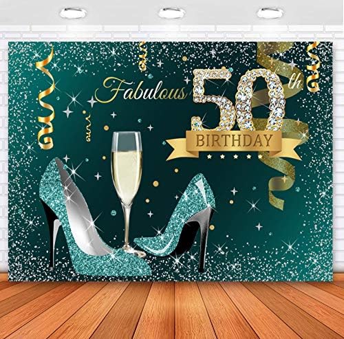 Sensfun Teal Gold Feliz 50º aniversário Glitter Glitter Silver Saltos altos saltos de vidro de champanhe Fundo de fotografia