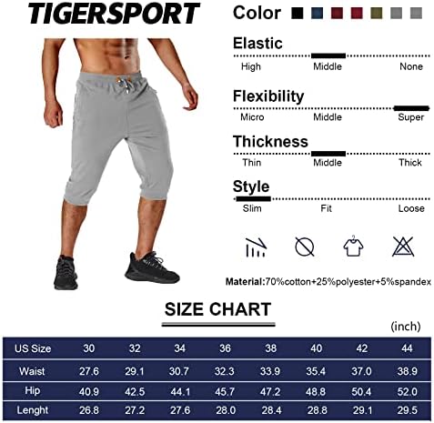 Tigerspot 3/4 Capri Shorts Ginásse Athletic Shorts longos para homens abaixo das calças do joelho com bolsos de zíper