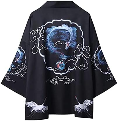 XXBR Japanese Kimono Cardigan para masculino Drapeado frontal de sete mangas ukiyoe dragão impressão leve casaco casual de praia