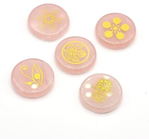 Ancac 5pcs Chakra Stones Natural Rose Quartz Gravado Símbolos Polidos Palmeira Reiki Cura Cristal Divisão de Pedra Naturais -