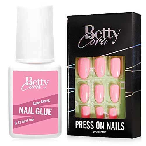 Bettycora Pressione Short em unhas com pincel forte em pacote de cola de unhas, 24 PCs Pink Gel Press