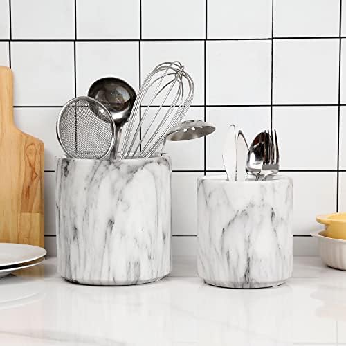 MyGift Modern White Mármore Padrão de Cerâmica Cerâmica e Utensílio de jantar - Organizador de barra de contêiner de armazenamento de ferramentas de cozinha, conjunto de 2