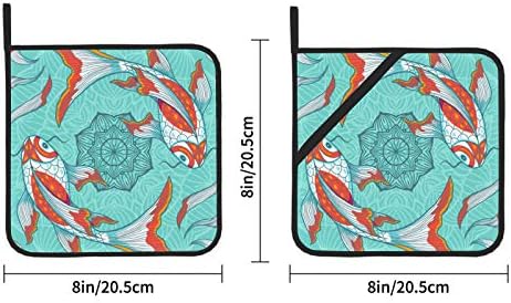 Fish koi japonês Lucky Potholder Loops resistentes ao calor Pad 2 PCs Potões de cozinha 8 × 8 polegadas para cozinhar e assar