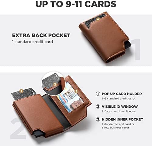 Carteira masculina de Vulkit Minimalista de cartão pop -up RFID Bloqueio de couro magnético Carteira de couro com janela de identificação para dinheiro e cartões de crédito até 11 cartões