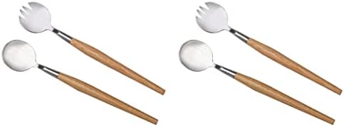 4pcs utensílios de cozinha de madeira para comer kit de colher de aço de aço de aço inoxidável para salada e colher, talheres mixagem