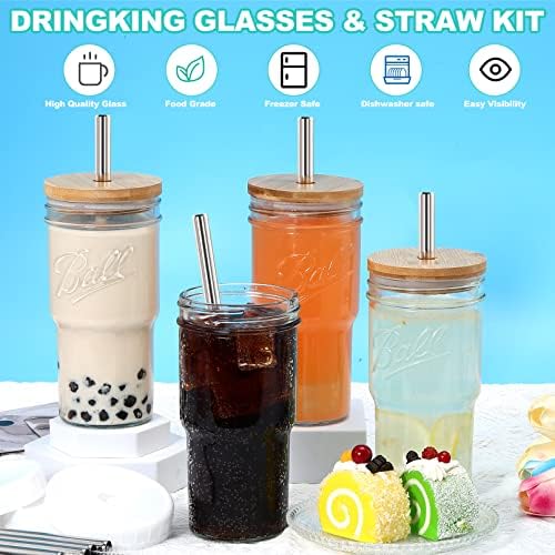Raibeatty 4 xícaras de vidro, jarra de pedreiro de 24 oz bebendo copos com tampas de bambu falhas e tampas herméticas, copo de chá de