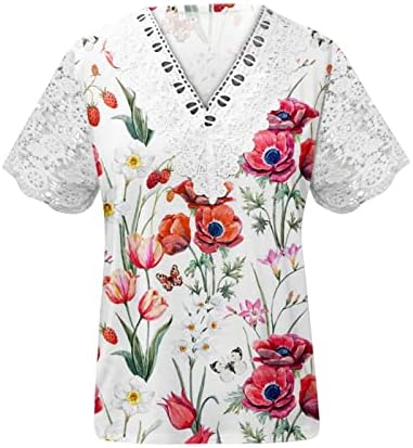 Tops de primavera para mulheres 2023 Trendy, tampos de estampa floral para mulheres com renda V Cadeiras de pescoço