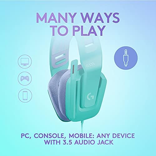 Logitech G335 Wired Gaming Headset, com microfones girar para mudo, macaco de áudio de 3,5 mm, fones de ouvido de espuma de memória, leve, compatível com PC, PlayStation, Xbox, Nintendo Switch - Mint