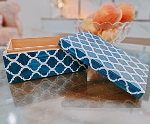 Caixa de resina de designer de padrões marroquinos Caixa de resina real decorativa caixa de armazenamento artesanal Retângulo moderno, 7 x 3 x 5 polegadas, azul e branco