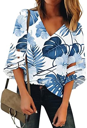 Camise de blusa de manga 3/4 de outono para o outono para feminino 2023 Roupas y2k v pescoço gráfico impressão floral malha