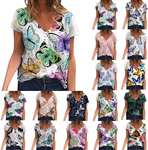 Tops de verão para mulheres 2023, impressão floral de manga curta V pescoço de tamanho grande tops básicos tshirts femininos gráficos